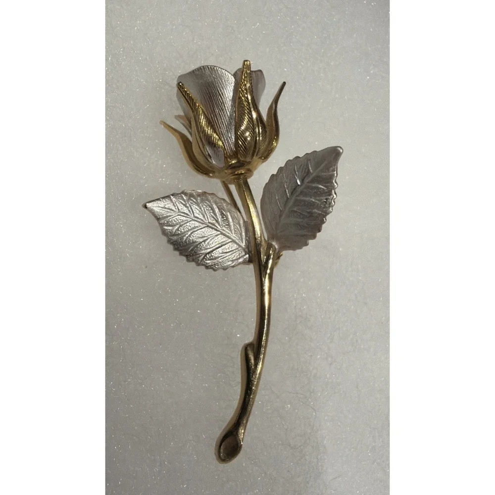 Vintage Long Stem Rose Brooch Pin Estate Jewelry Gold & Silver Tone 2.25